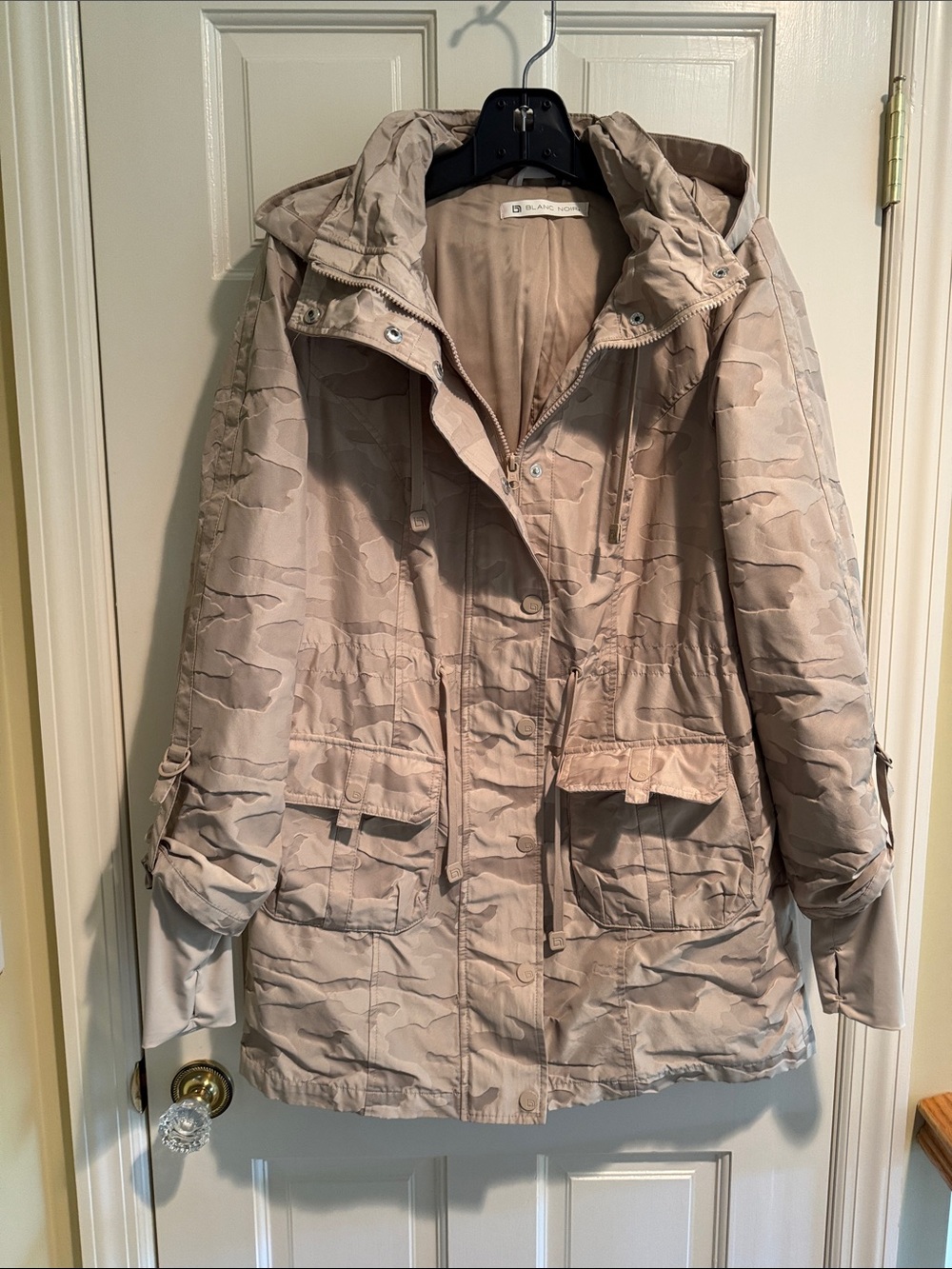 blanc noir Neutral Beige Hooded Camo Trench Coat